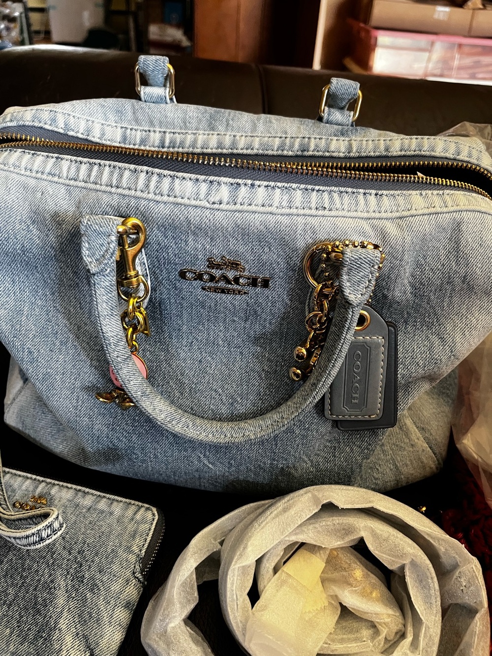 Coach Loved Denim Large Rowan With Wristlet And Charms